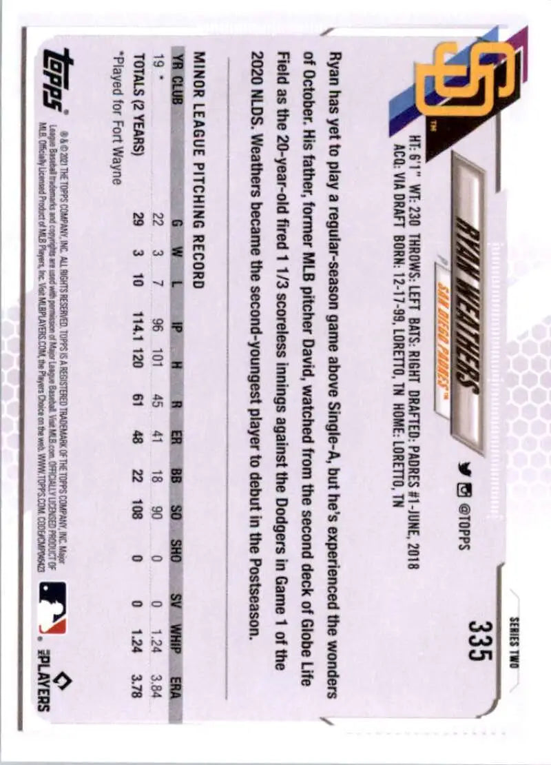 2021 Topps #335 Ryan Weathers NM-MT RC Rookie San Diego Padres Baseball Card - Baseball Card Single