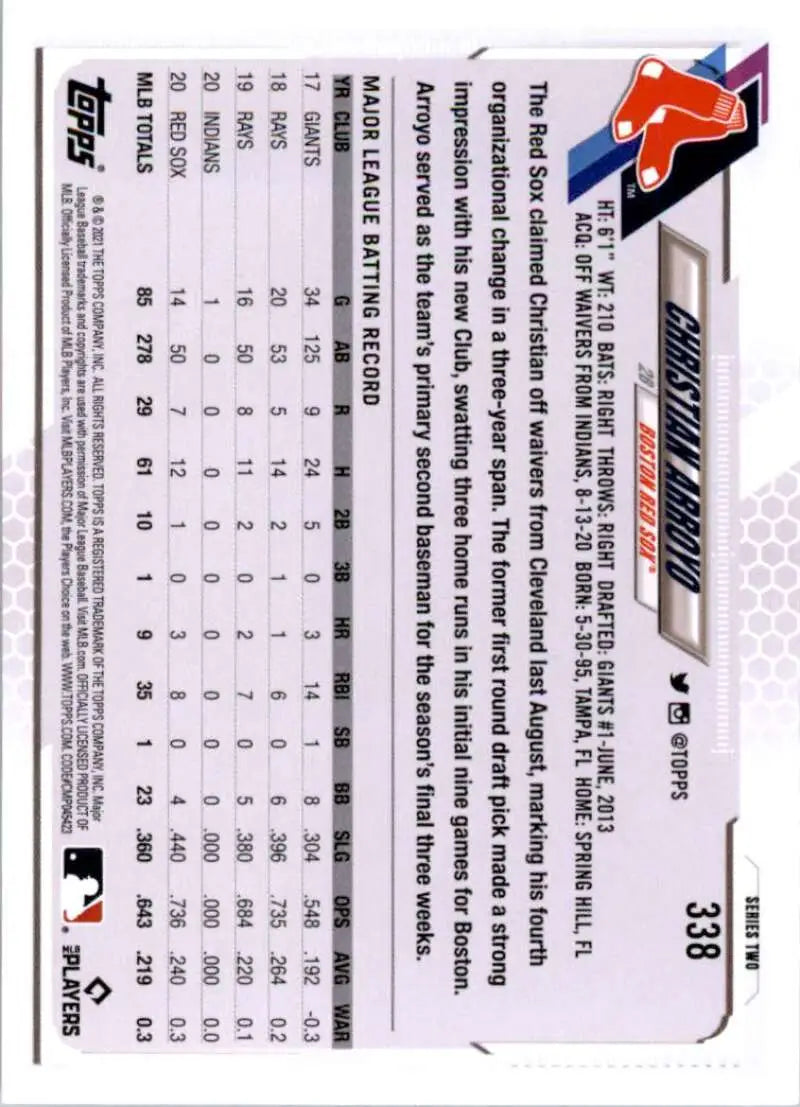 2021 Topps #338 Christian Arroyo NM-MT Boston Red Sox Baseball Card - Baseball Card Single