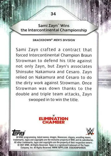 Collectible trading card from 2021 Topps Sami Zayn NM-MT with original gloss