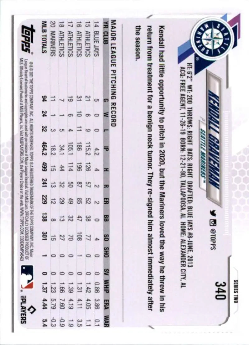 2021 Topps #340 Kendall Graveman NM-MT Seattle Mariners Baseball Card - Baseball Card Single
