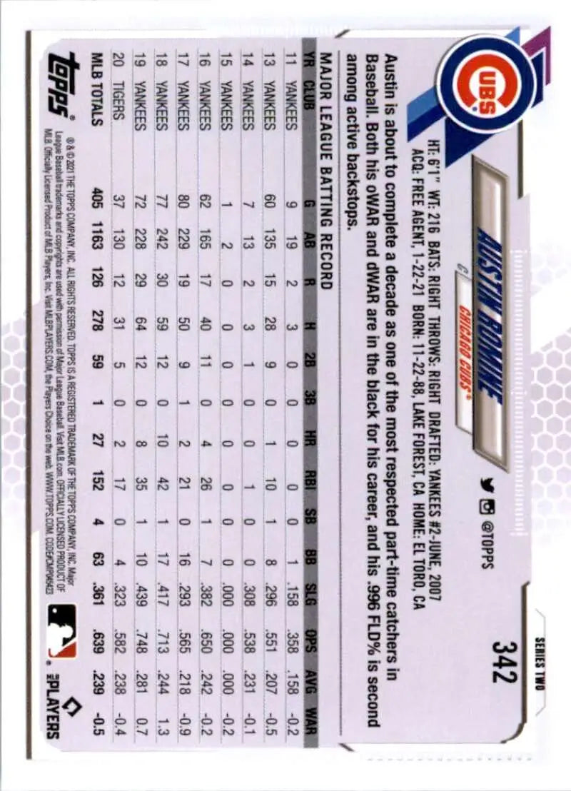 2021 Topps #342 Austin Romine NM-MT Chicago Cubs Baseball Card - Baseball Card Single