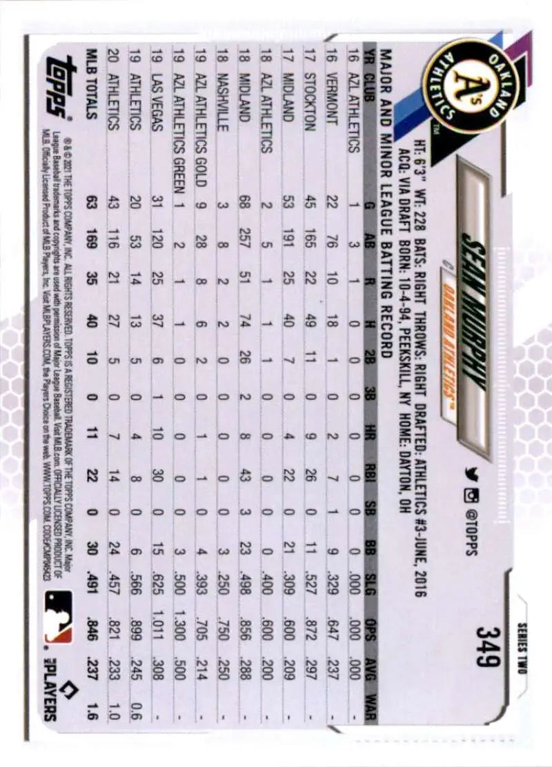 2021 Topps #349 Sean Murphy NM-MT Oakland Athletics Baseball Card - Baseball Card Single