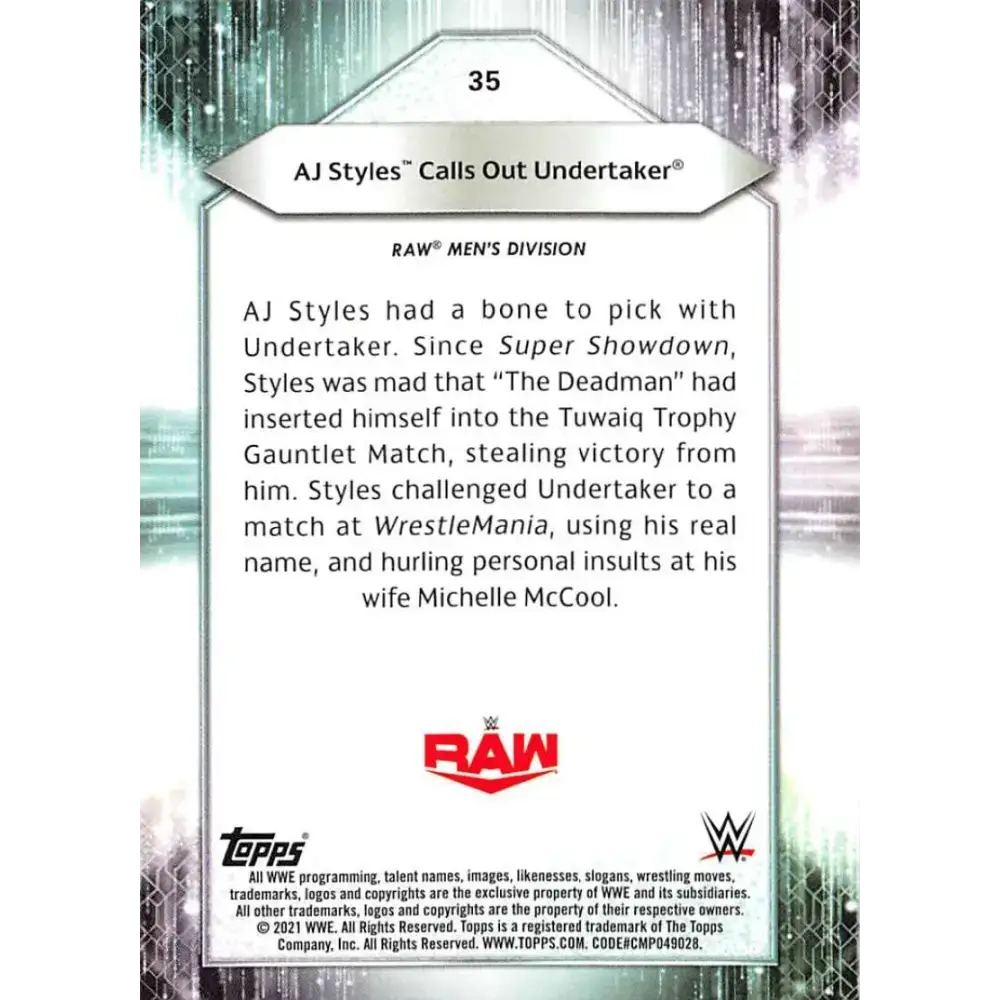 2021 Topps #35 AJ Styles NM-MT Wrestling Card - Other