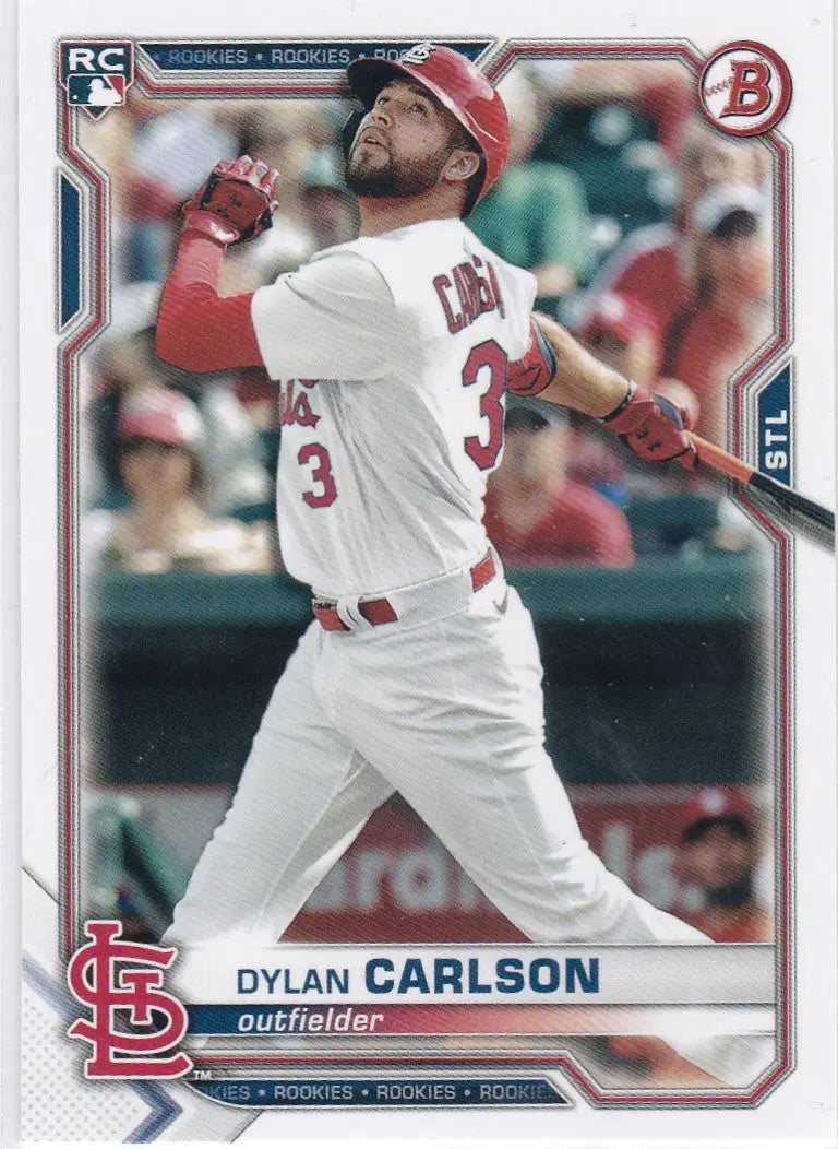 Dylan Carlson swinging bat on 2021 Topps #35 trading card for St. Louis Cardinals