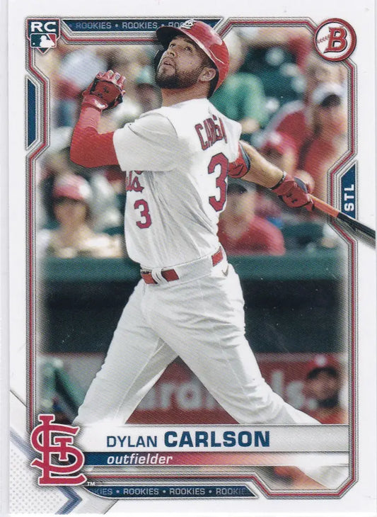 Dylan Carlson swinging bat on 2021 Topps #35 trading card for St. Louis Cardinals
