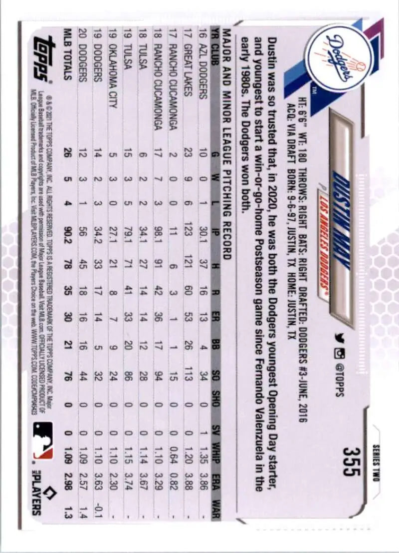 2021 Topps #355 Dustin May NM-MT Los Angeles Dodgers Baseball Card - Baseball Card Single