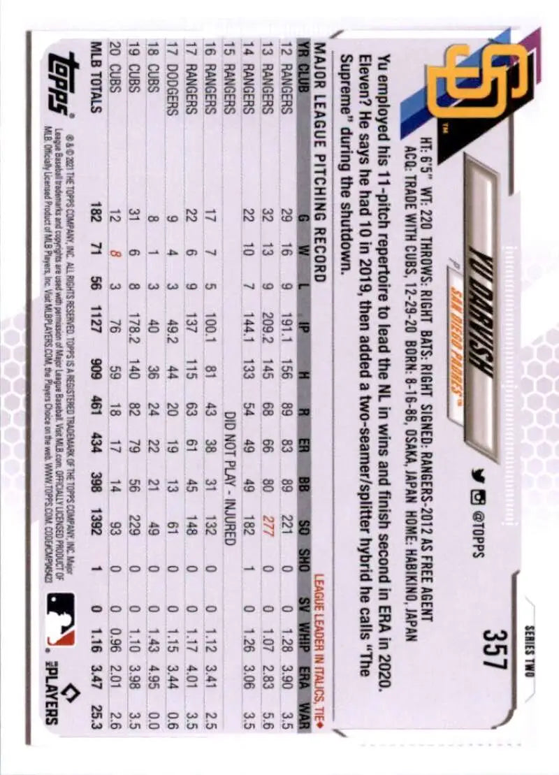2021 Topps #357 Yu Darvish NM-MT San Diego Padres Baseball Card - Baseball Card Single