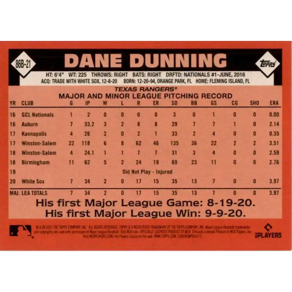 2021 Topps 35th Anniversary #86B-21 Dane Dunning NM-MT Texas Rangers Baseball Card - Baseball Card Single
