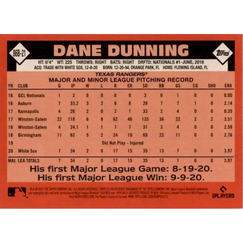 2021 Topps 35th Anniversary #86B-21 Dane Dunning NM-MT Texas Rangers Baseball Card - Baseball Card Single