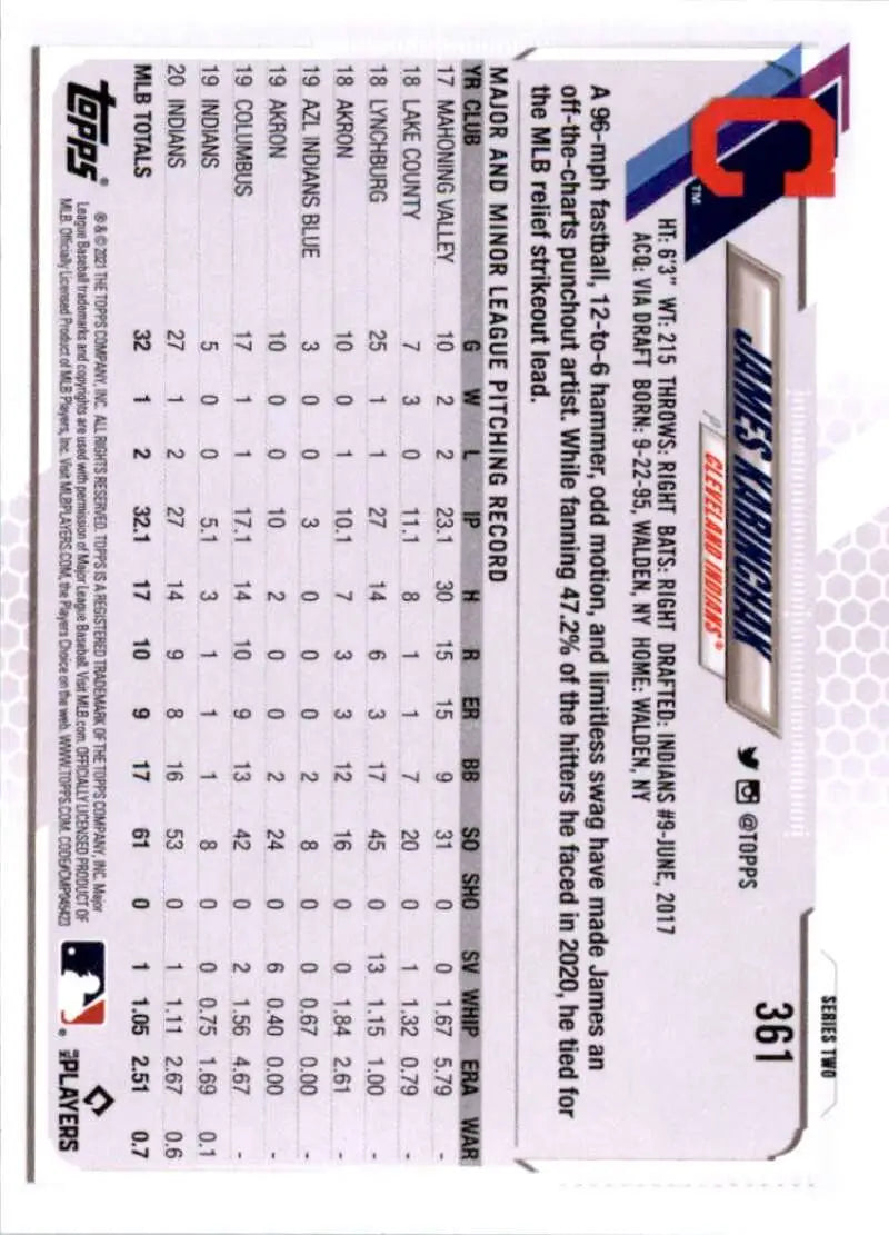 2021 Topps #361 James Karinchak NM-MT Cleveland Indians Baseball Card - Baseball Card Single