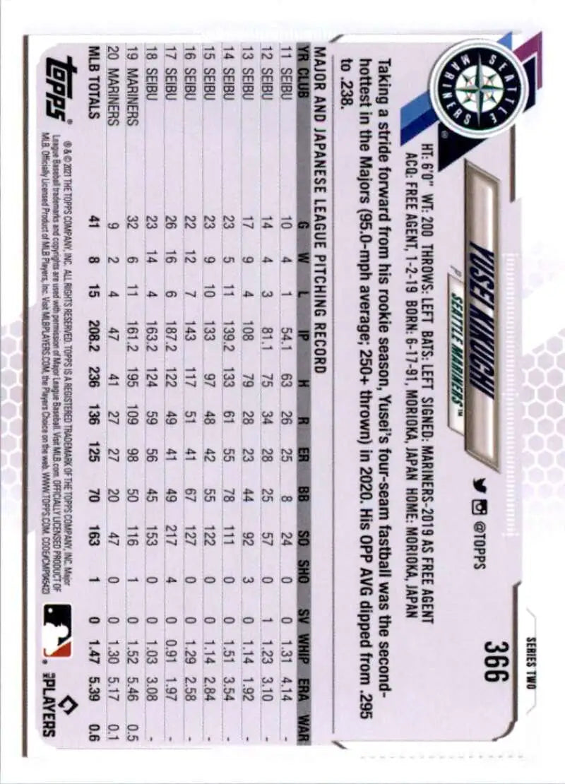 2021 Topps #366 Yusei Kikuchi NM-MT Seattle Mariners Baseball Card - Baseball Card Single