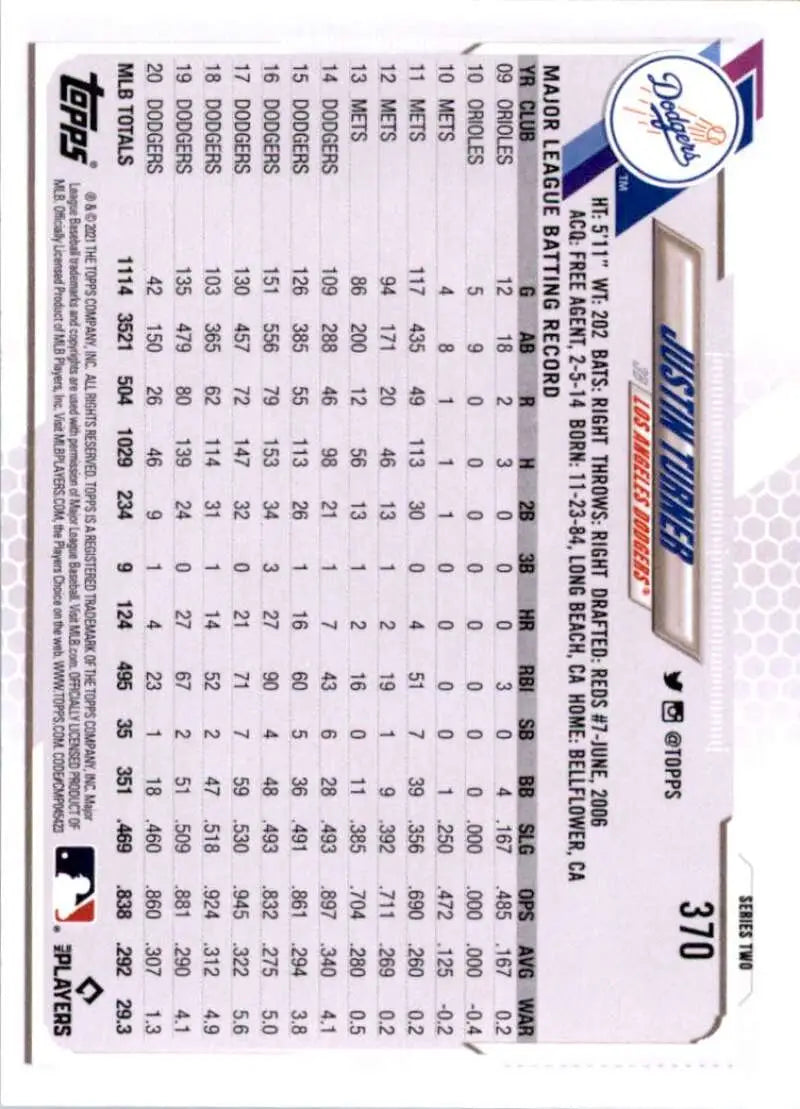 2021 Topps #370 Justin Turner NM-MT Los Angeles Dodgers Baseball Card - Baseball Card Single