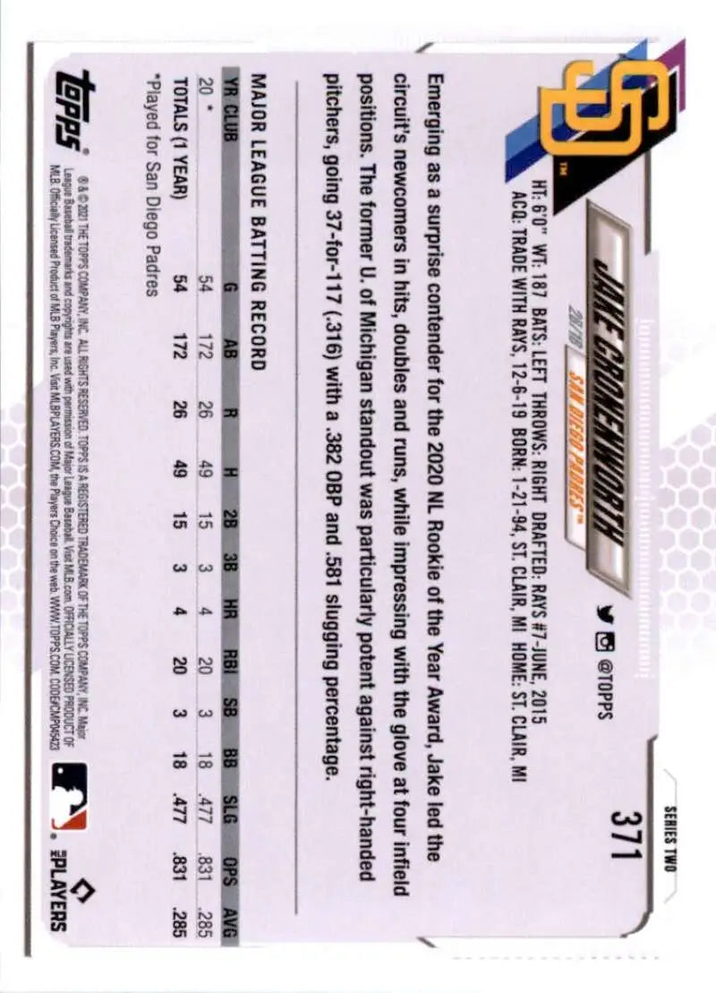 2021 Topps #371 Jake Cronenworth NM-MT RC Rookie San Diego Padres Baseball Card - Baseball Card Single