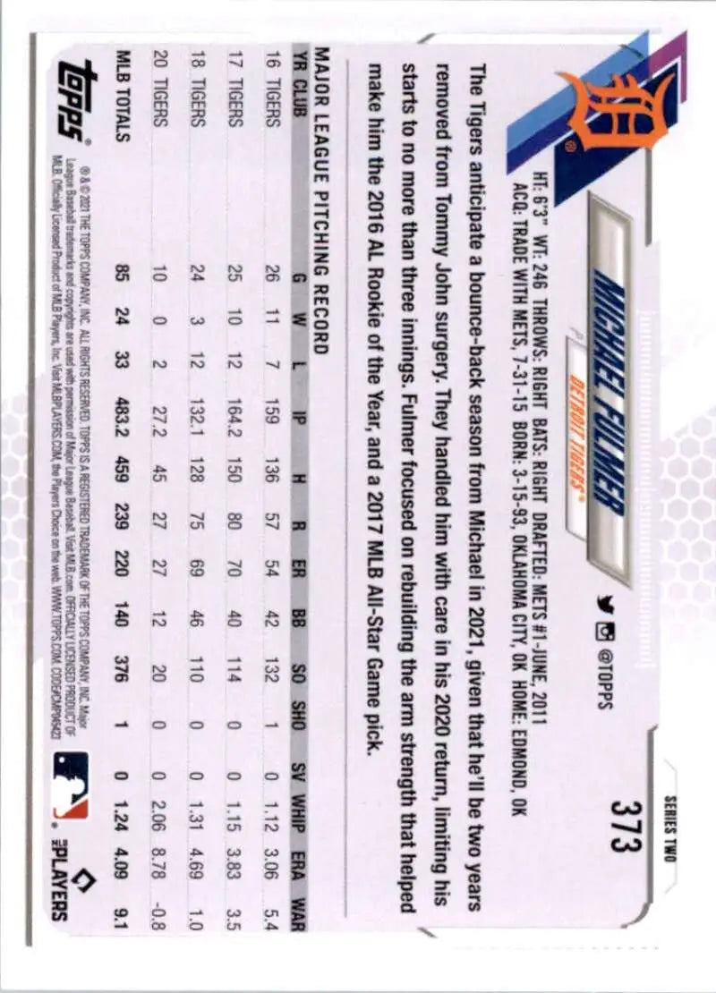 2021 Topps #373 Michael Fulmer NM-MT Detroit Tigers Baseball Card