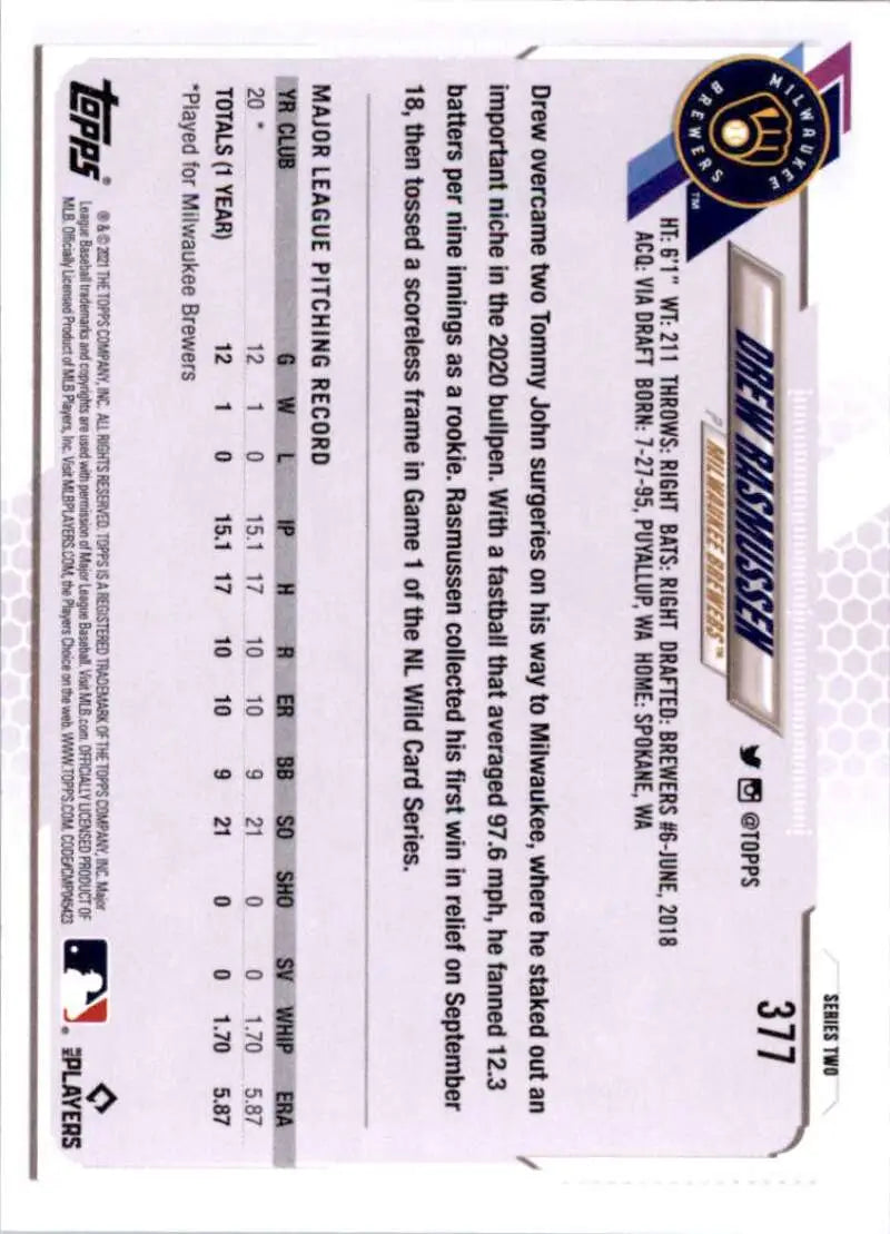 2021 Topps #377 Drew Rasmussen NM-MT RC Rookie Milwaukee Brewers Baseball Card - Baseball Card Single