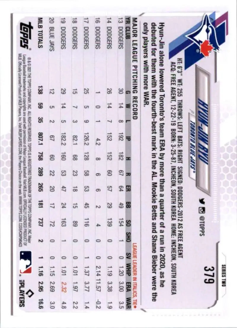 2021 Topps #379 Hyun-Jin Ryu NM-MT Toronto Blue Jays Baseball Card - Baseball Card Single