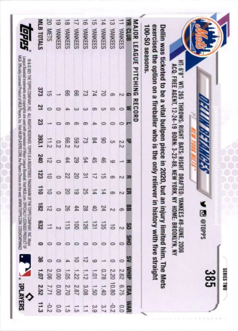 2021 Topps #385 Dellin Betances NM-MT New York Mets Baseball Card - Baseball Card Single