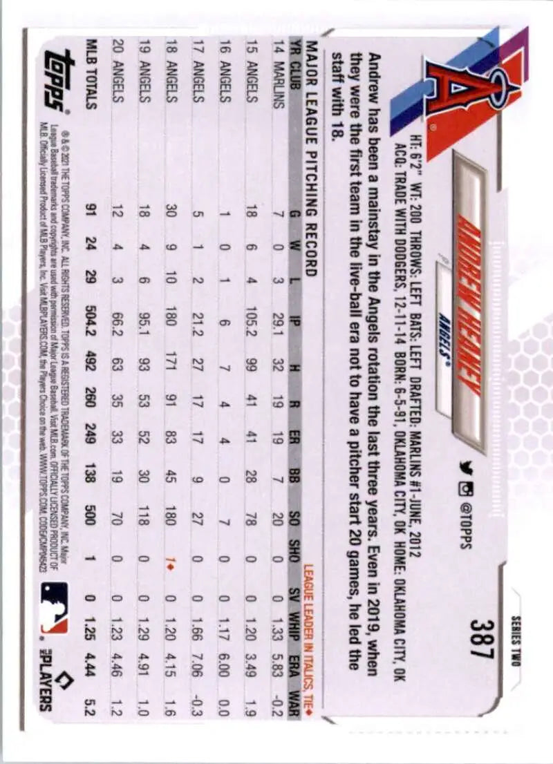 2021 Topps #387 Andrew Heaney NM-MT Los Angeles Angels Baseball Card - Baseball Card Single