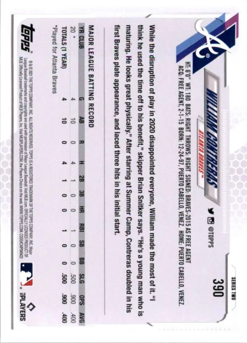 2021 Topps #390 William Contreras NM-MT RC Rookie Atlanta Braves Baseball Card - Baseball Card Single