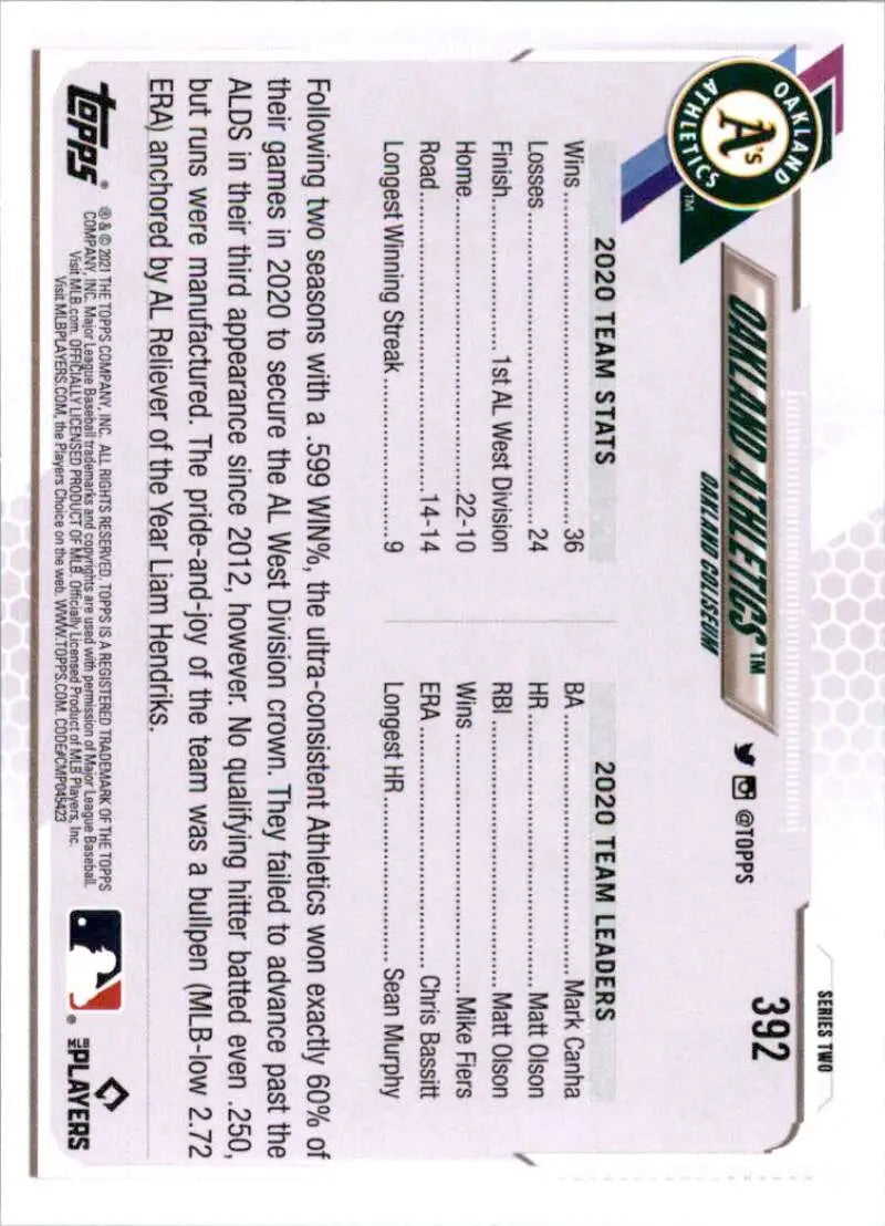 2021 Topps #392 Oakland Athletics NM-MT Baseball Card - Baseball Card Single