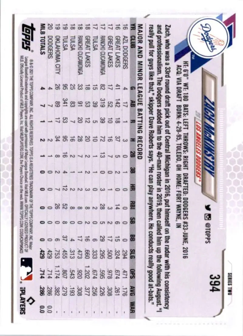 2021 Topps #394 Zach McKinstry NM-MT RC Rookie Los Angeles Dodgers Baseball Card - Baseball Card Single