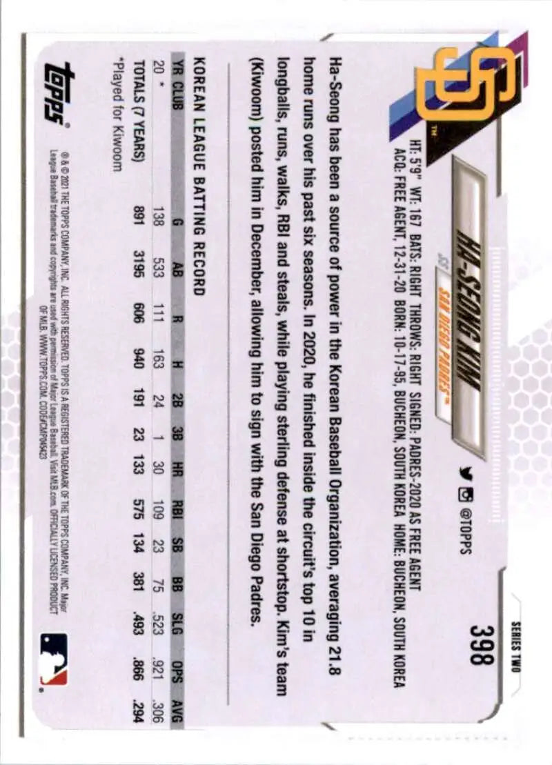 2021 Topps #398 Ha-Seong Kim NM-MT RC Rookie San Diego Padres Baseball Card - Baseball Card Single