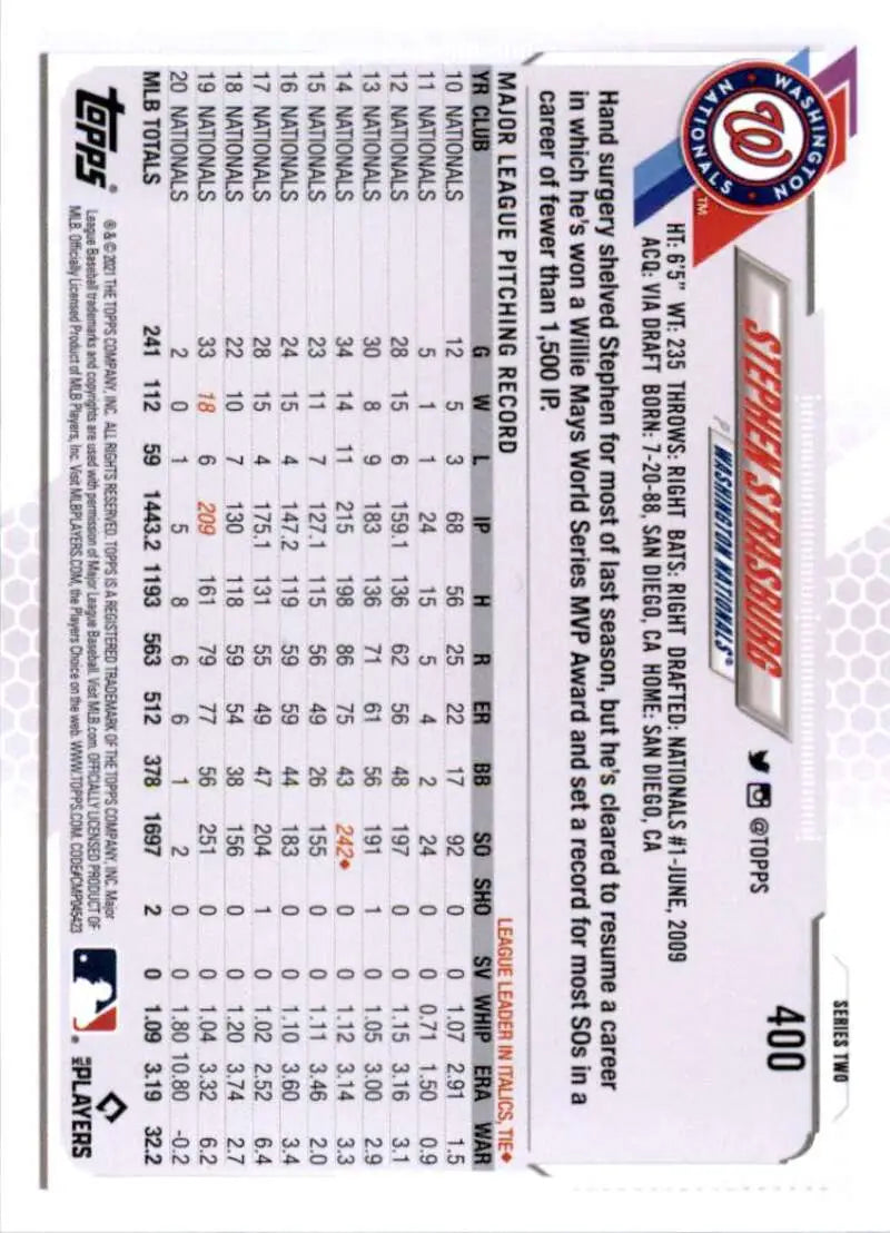 2021 Topps #400 Stephen Strasburg NM-MT Washington Nationals Baseball Card - Baseball Card Single