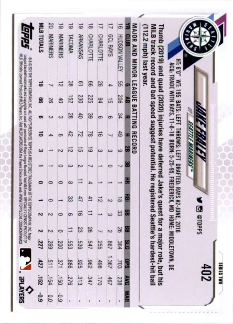 2021 Topps #402 Jake Fraley NM-MT Seattle Mariners Baseball Card - Baseball Card Single