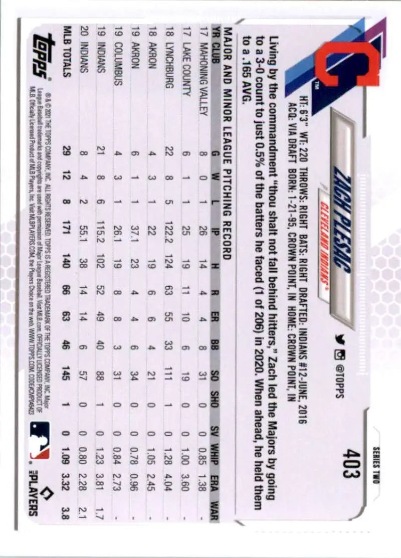 2021 Topps #403 Zach Plesac NM-MT Cleveland Indians Baseball Card - Baseball Card Single