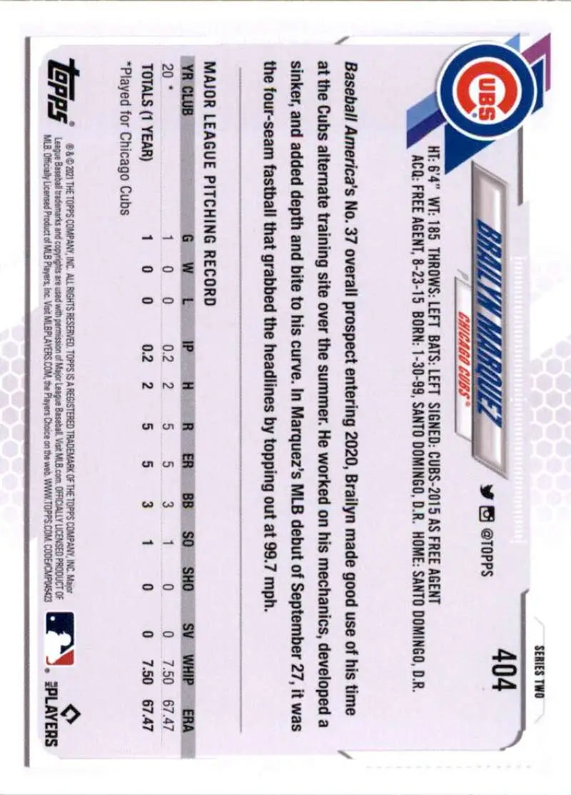 2021 Topps #404 Brailyn Marquez NM-MT RC Rookie Chicago Cubs Baseball Card - Baseball Card Single