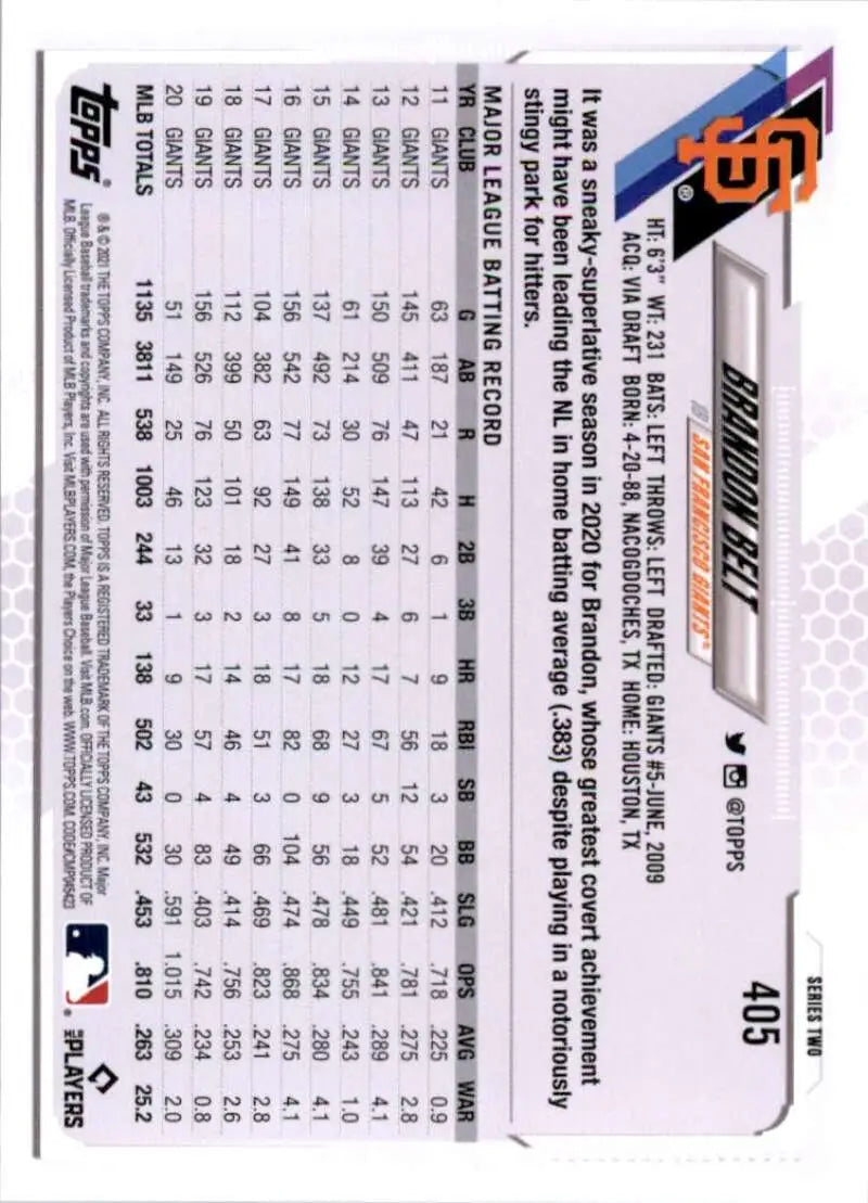 2021 Topps #405 Brandon Belt NM-MT San Francisco Giants Baseball Card - Baseball Card Single