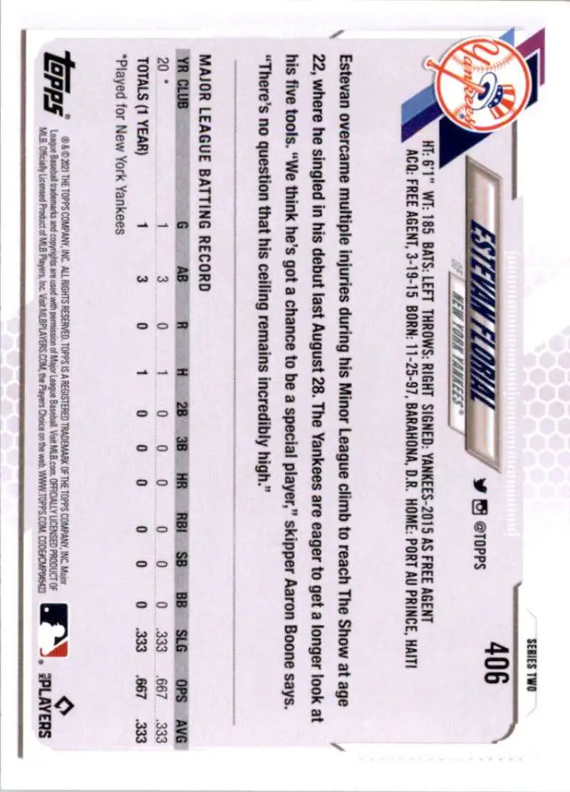 2021 Topps #406 Estevan Florial NM-MT RC Rookie New York Yankees Baseball Card - Baseball Card Single