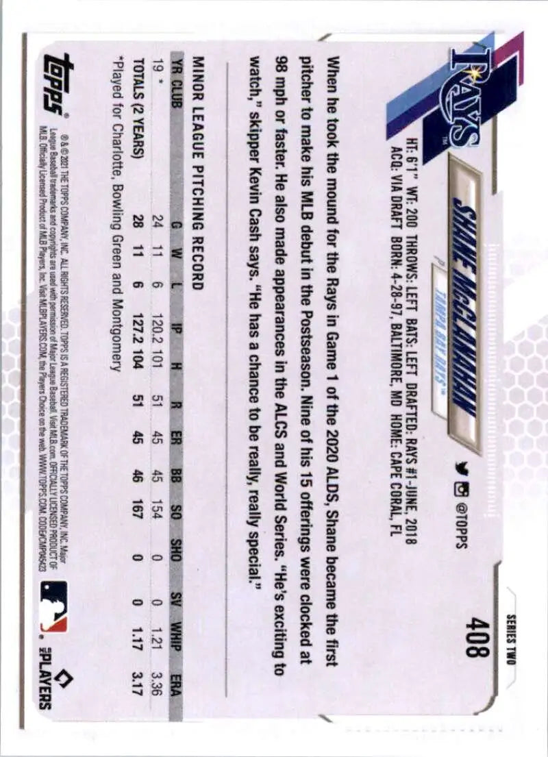 2021 Topps #408 Shane McClanahan NM-MT RC Rookie Tampa Bay Rays Baseball Card - Baseball Card Single