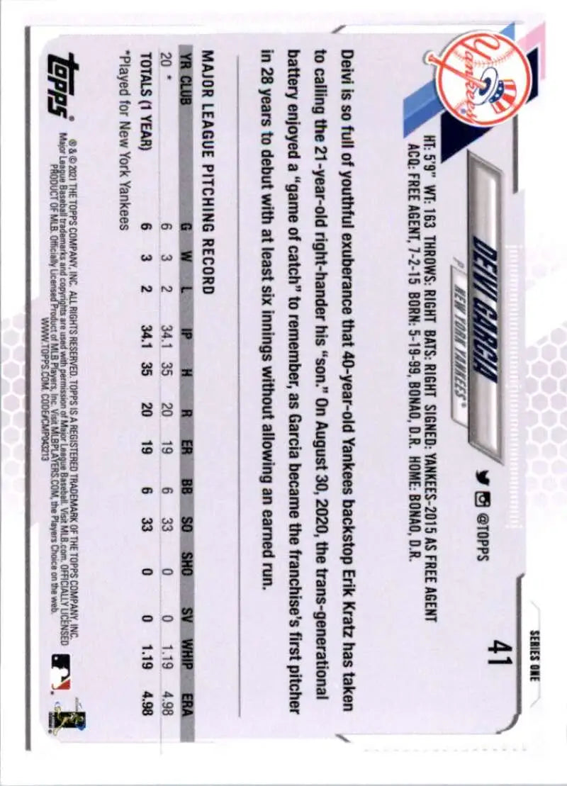 2021 Topps #41 Deivi Garcia NM-MT RC Rookie New York Yankees Baseball Card - Baseball Card Single