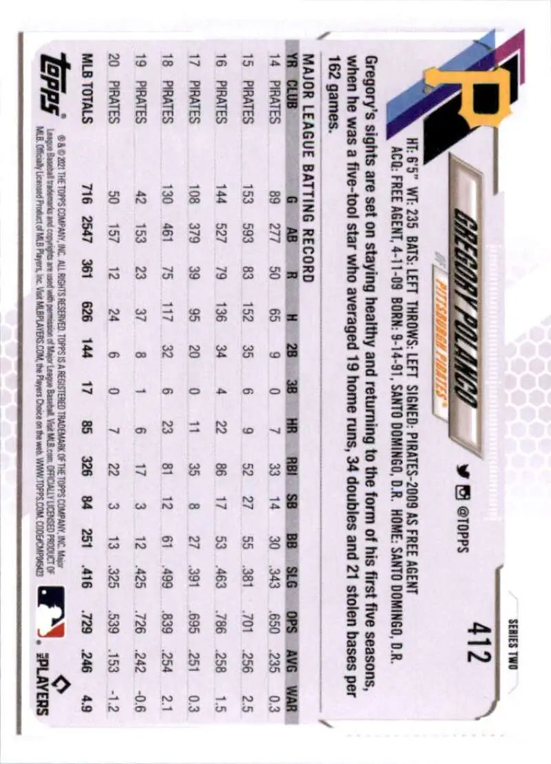 2021 Topps #412 Gregory Polanco NM-MT Pittsburgh Pirates Baseball Card - Baseball Card Single
