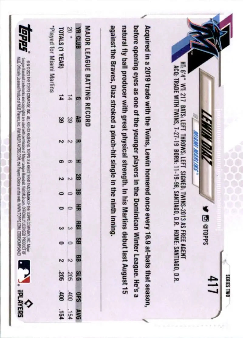 2021 Topps #417 Lewin Diaz NM-MT RC Rookie Miami Marlins Baseball Card - Baseball Card Single