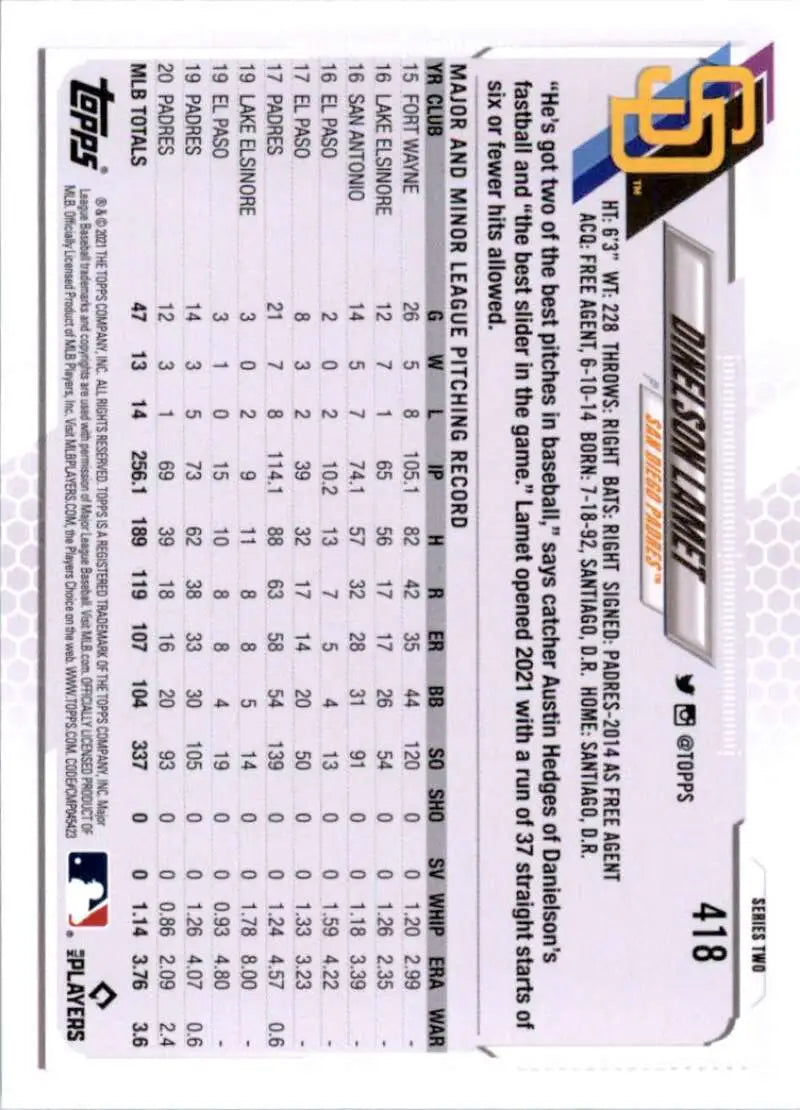 2021 Topps #418 Dinelson Lamet NM-MT San Diego Padres Baseball Card - Baseball Card Single