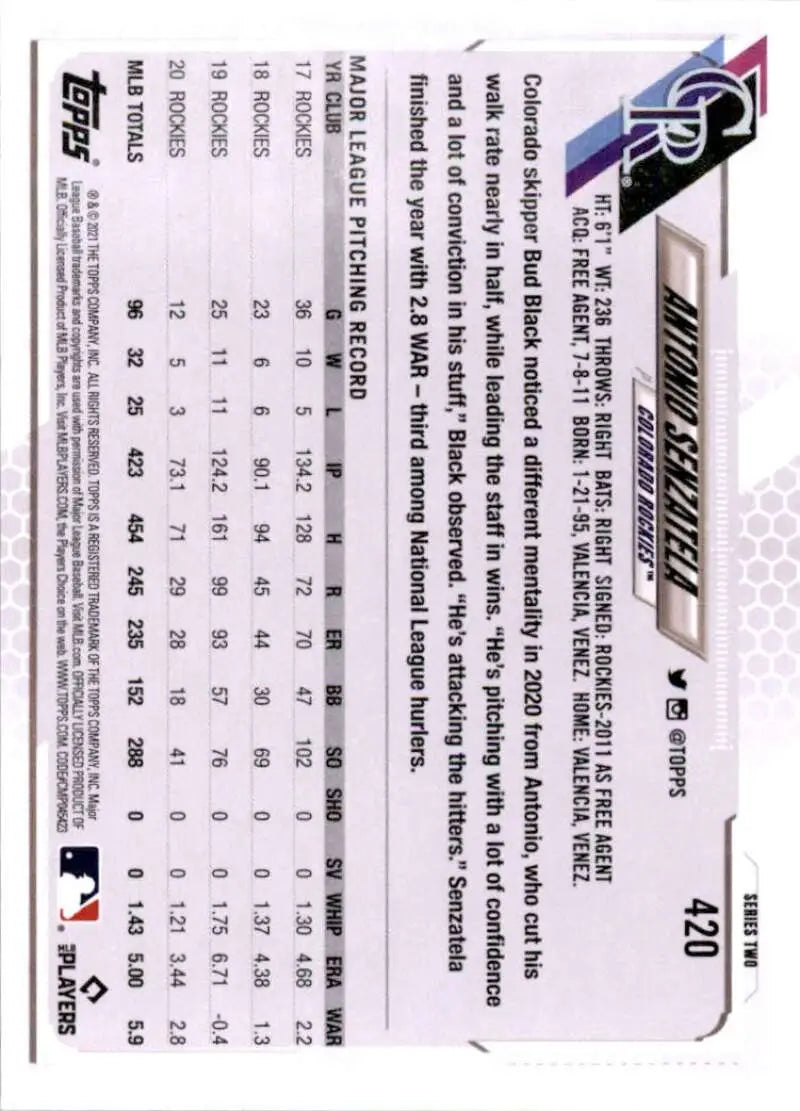 2021 Topps #420 Antonio Senzatela NM-MT Colorado Rockies Baseball Card - Baseball Card Single