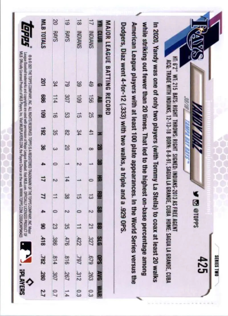 2021 Topps #425 Yandy Diaz NM-MT Tampa Bay Rays Baseball Card - Baseball Card Single