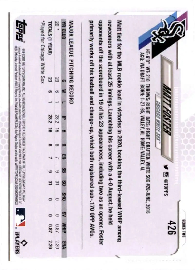 2021 Topps #426 Matt Foster NM-MT RC Rookie Chicago White Sox Baseball Card - Baseball Card Single