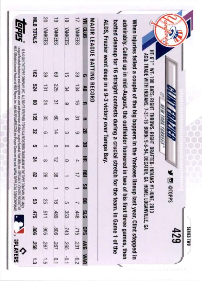 2021 Topps #429 Clint Frazier NM-MT New York Yankees Baseball Card - Baseball Card Single