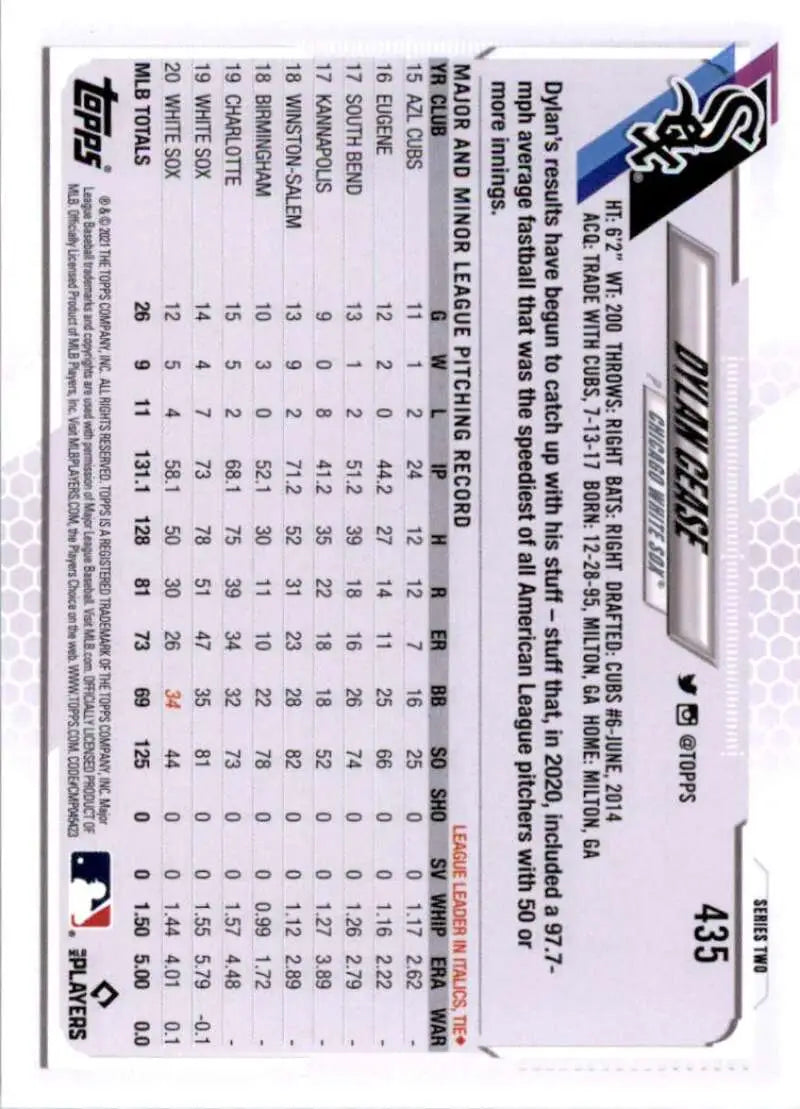 2021 Topps #435 Dylan Cease NM-MT Chicago White Sox Baseball Card - Baseball Card Single
