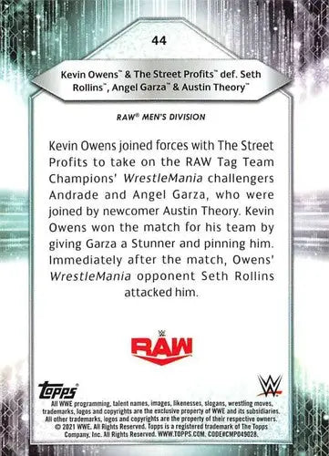 Original gloss Kevin Owens WWE trading card from 2021 Topps Simply Sandoval collection