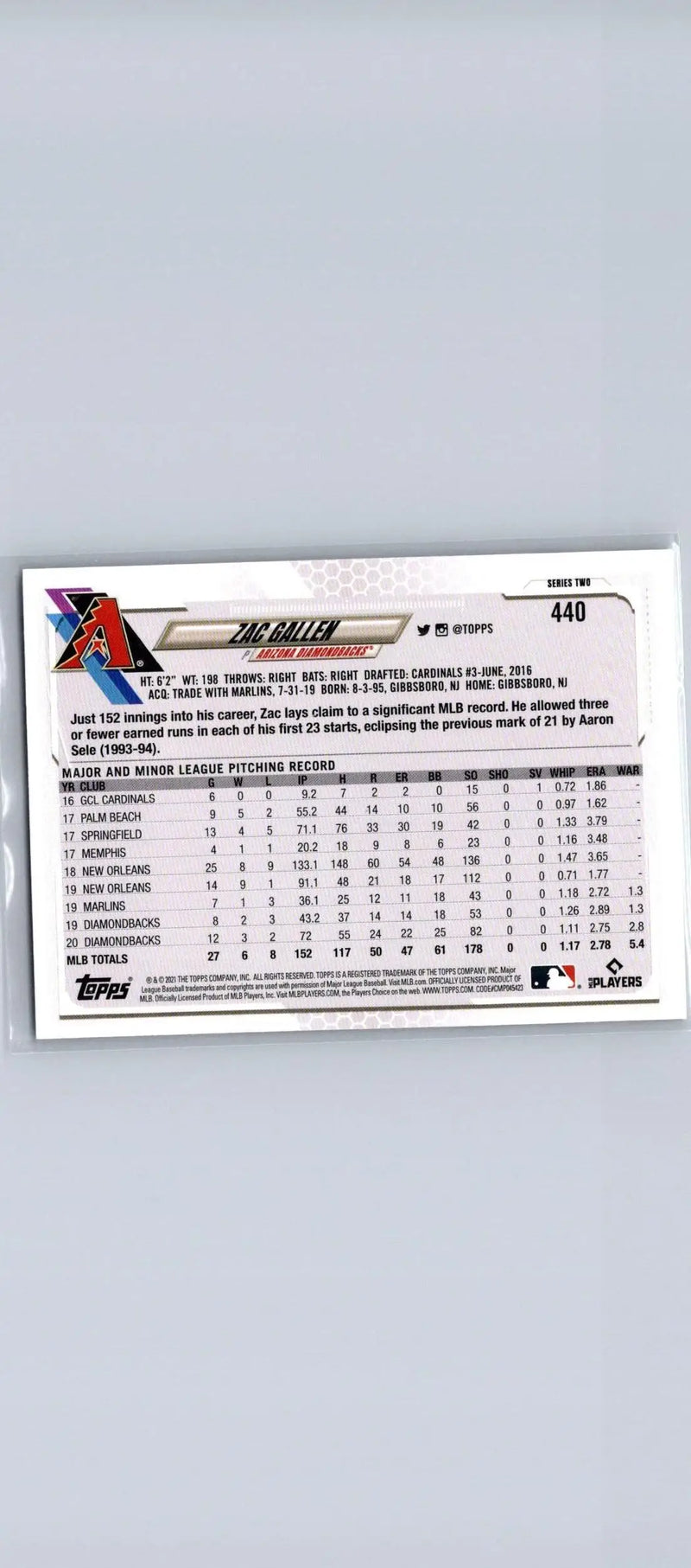 2021 Topps #440 Zac Gallen baseball card featuring player statistics and trading details