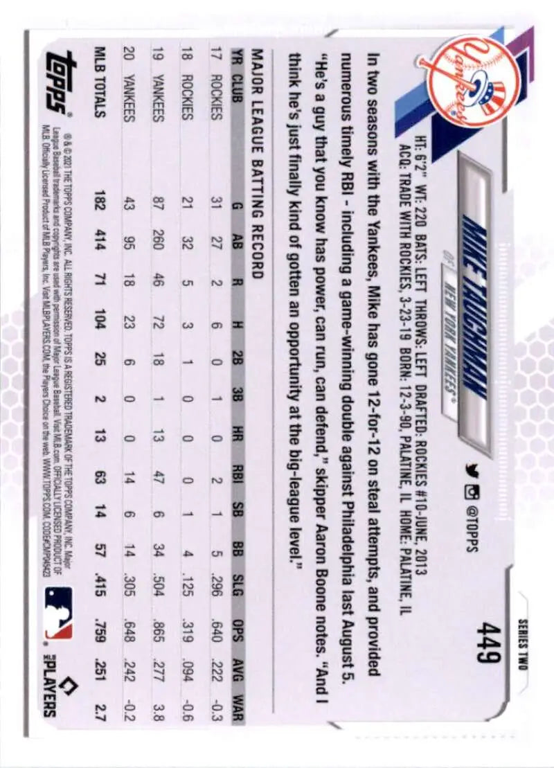 2021 Topps #449 Mike Tauchman NM-MT New York Yankees Baseball Card - Baseball Card Single