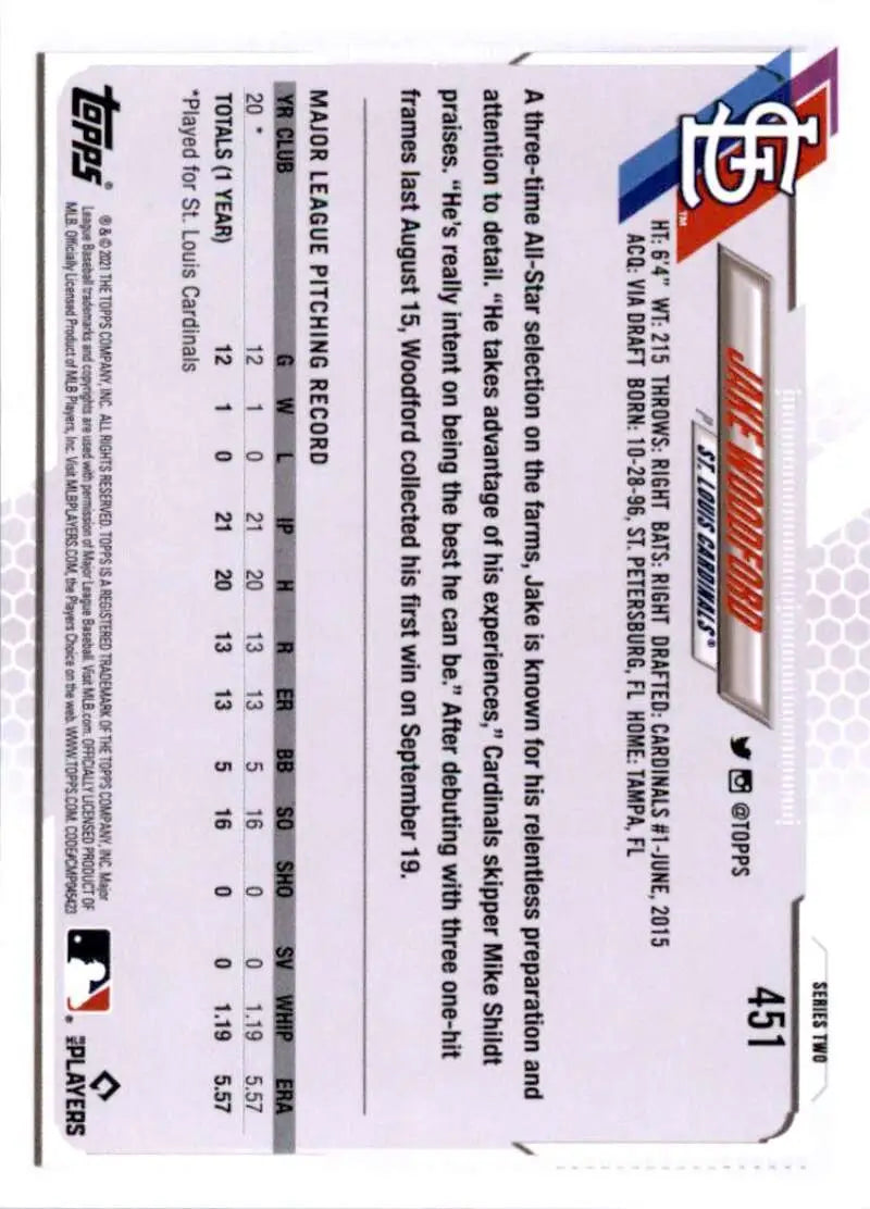 2021 Topps #451 Jake Woodford NM-MT RC Rookie St. Louis Cardinals Baseball Card - Baseball Card Single