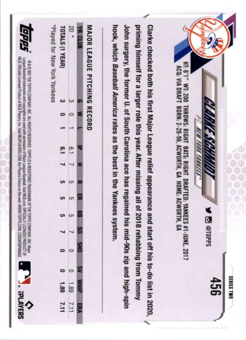 2021 Topps #456 Clarke Schmidt NM-MT RC Rookie New York Yankees Baseball Card - Baseball Card Single