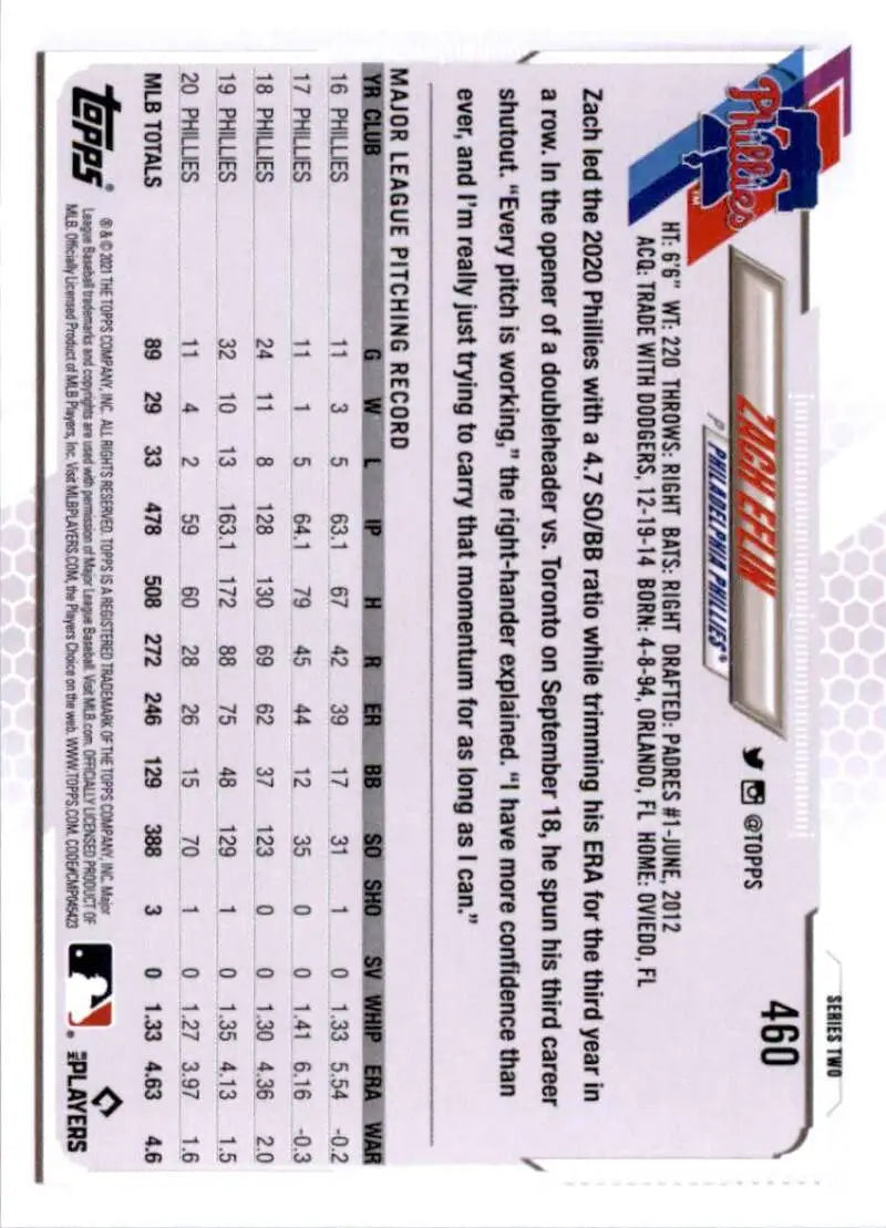 2021 Topps #460 Zach Eflin NM-MT Philadelphia Phillies Baseball Card - Baseball Card Single