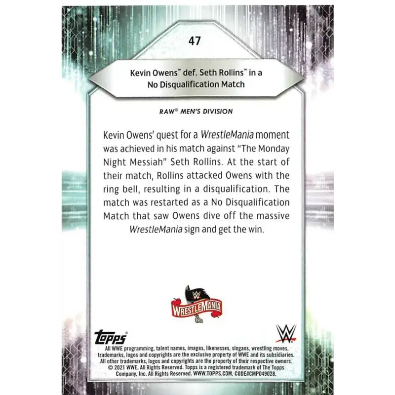 2021 Topps #47 Kevin Owens NM-MT Wrestling Card - Wrestling Card Single