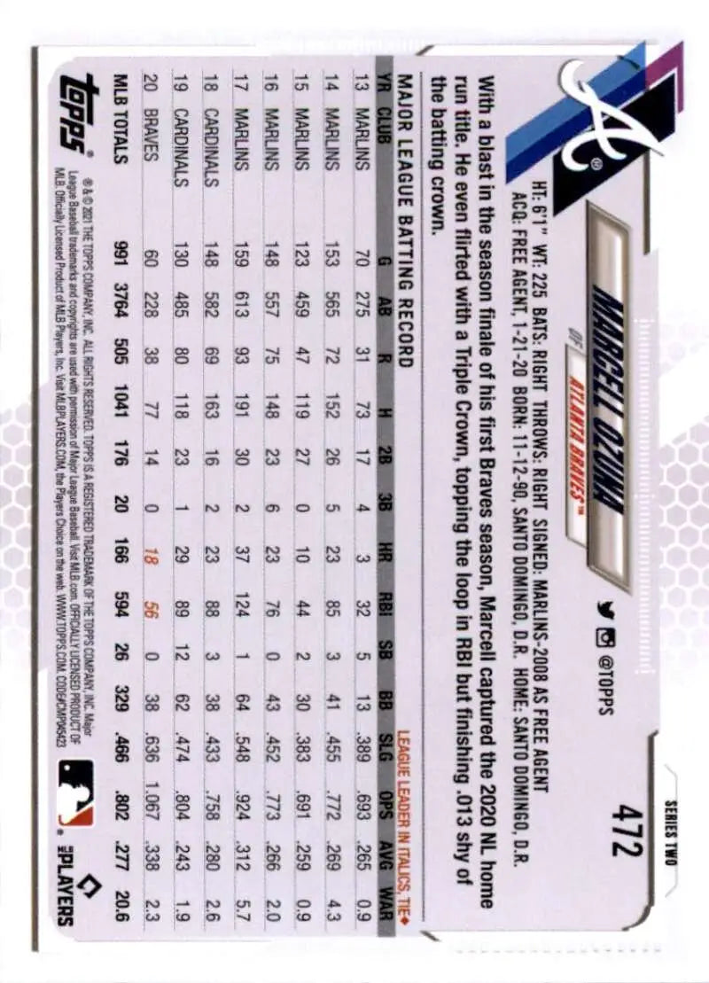2021 Topps #472 Marcell Ozuna NM-MT Atlanta Braves Baseball Card - Baseball Card Single